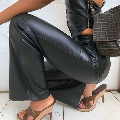 Cármina™ | Pantalones Negros de Cuero PU de Cintura Alta y Corte Recto