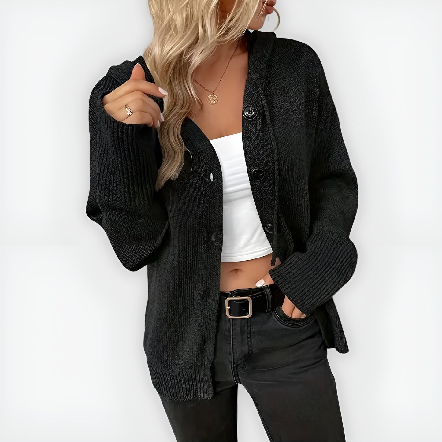 Vía Clara™ | Elegante sudadera con capucha, manga larga y botón